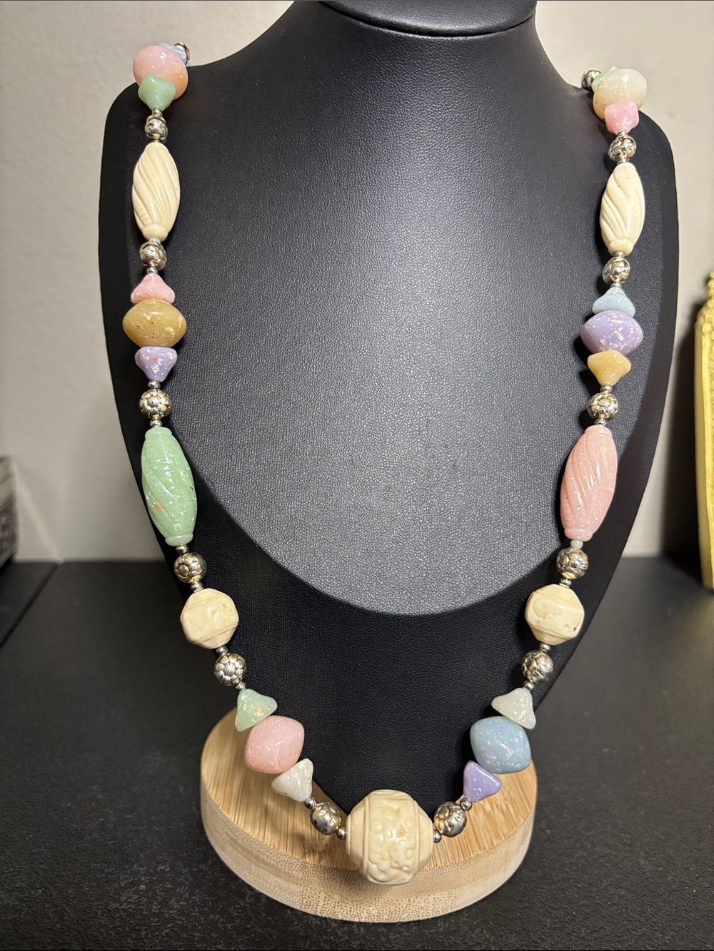 Vintage Speckled Carved Multicolor Pastel Bead Statement Long Celluloid Necklace